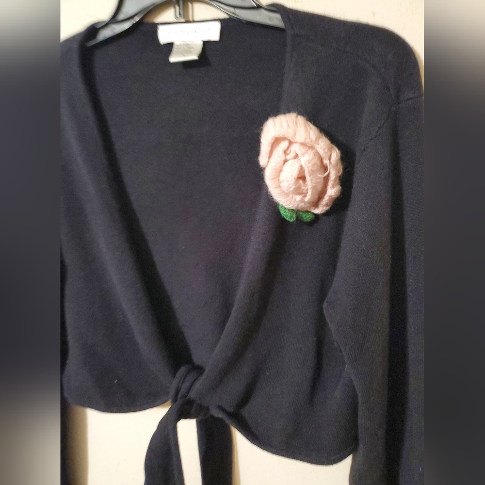 Vintage Style Black Tie Front Sweater Cardigan with Pink Flower Accent - Picture 2 of 5